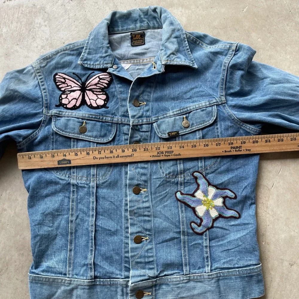 Vintage 70s Lee 101J Denim Jacket Chain Stitch Butterfly Embroidery Blue Mens
